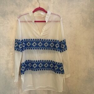 Tory Burch White & Blue Embroidered Cotton Tunic Swim Coverup | Size L